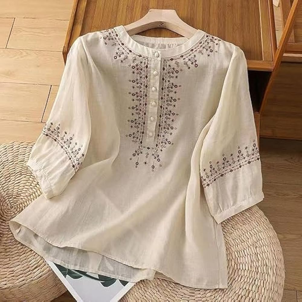 Linen Women's Shirt Summer 2025 Vintage Embroidery Seven